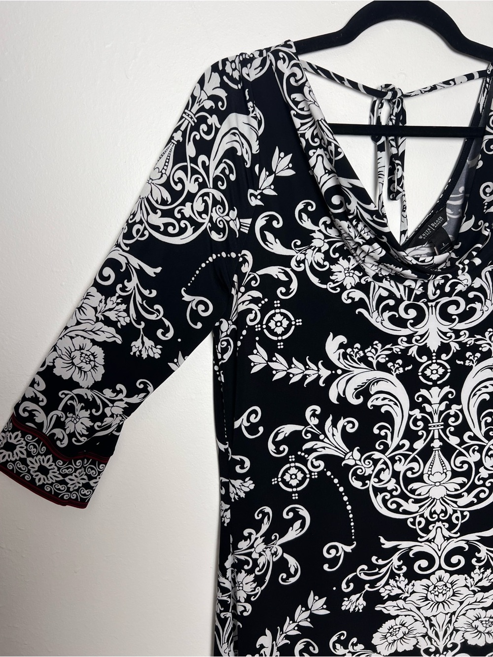 White House Black Market L Black White Scroll Print Cowl Neck Sheath Dress - Picture 3 of 10